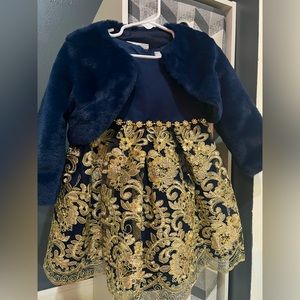 NWT Navy and Gold formal dress and faux fur cover up toddler girl size 2T